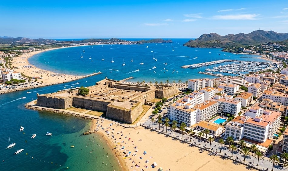 Vistas de la bahía de Roses, la Ciudadela, el puerto y los apartamentos turísticos